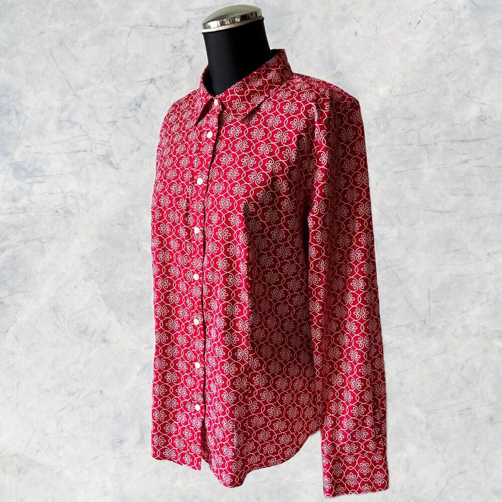 Talbots Women's Size 10 Red White Geometric Print Shirt Wrinkle Resistant